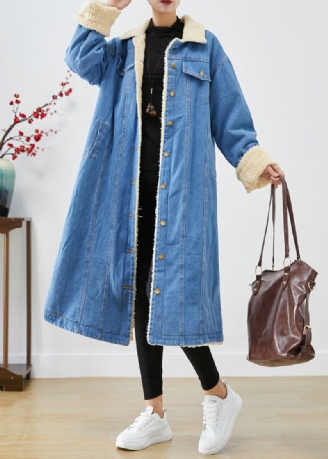 Boheemse Blauwe Oversized Dikke Fleecewol Gevoerde Denim Trenchcoats Winter