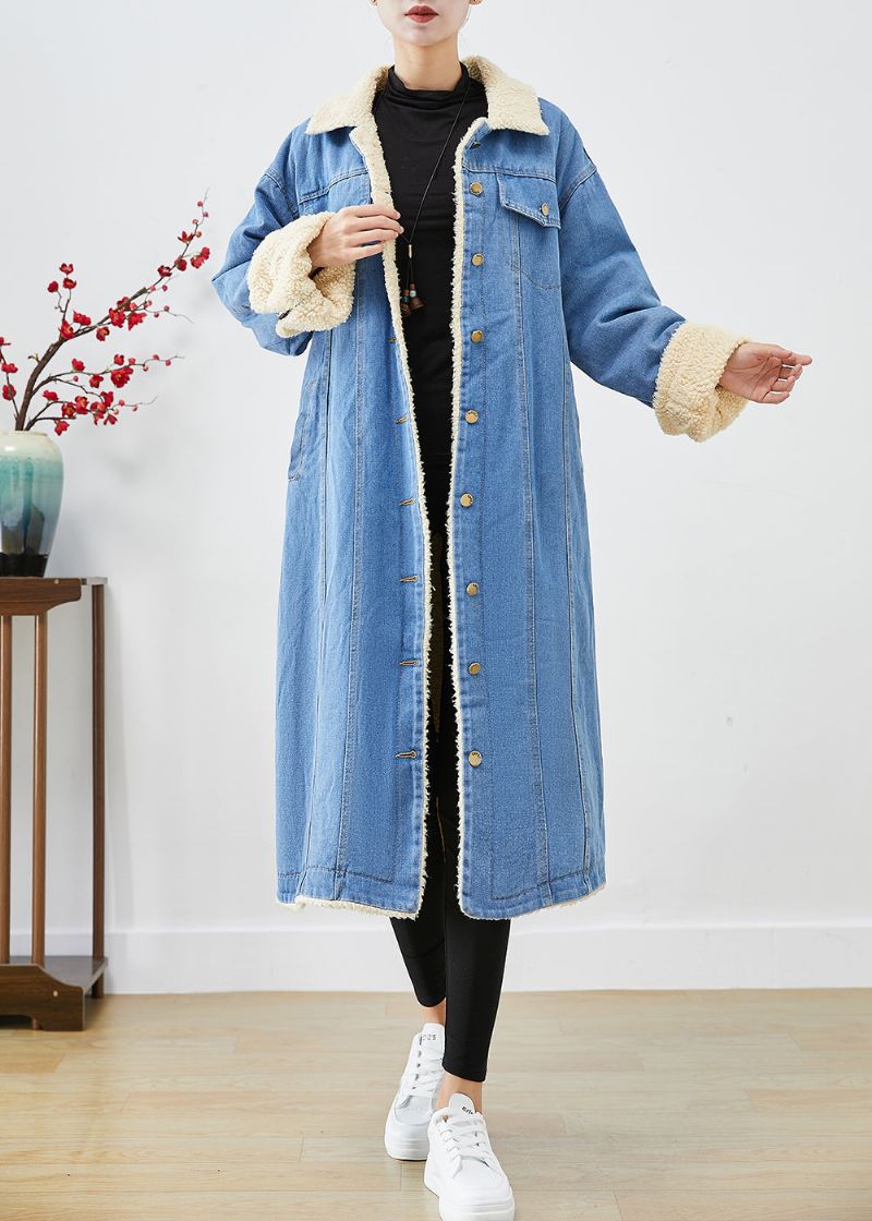 Boheemse Blauwe Oversized Dikke Fleecewol Gevoerde Denim Trenchcoats Winter - Dames trenchcoats