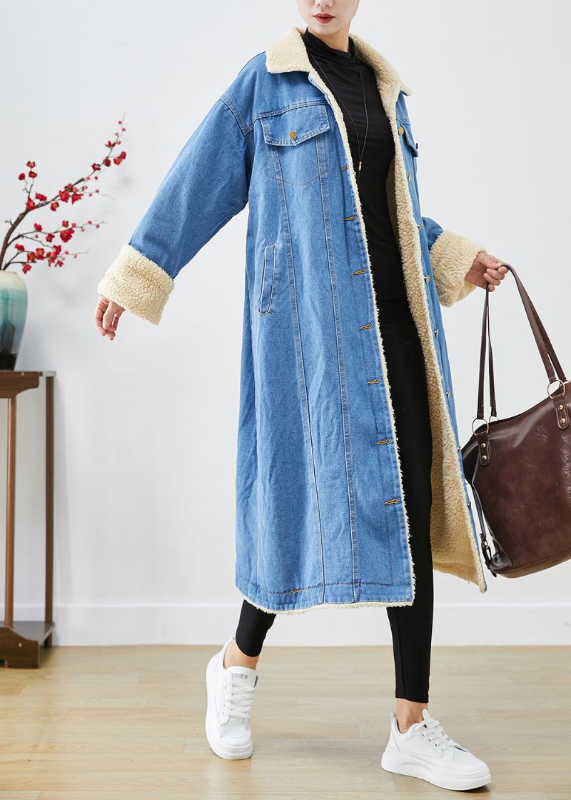 Boheemse Blauwe Oversized Dikke Fleecewol Gevoerde Denim Trenchcoats Winter - Dames trenchcoats