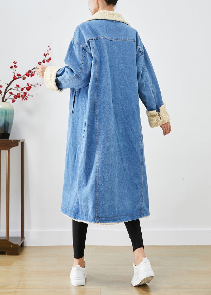 Boheemse Blauwe Oversized Dikke Fleecewol Gevoerde Denim Trenchcoats Winter - Dames trenchcoats