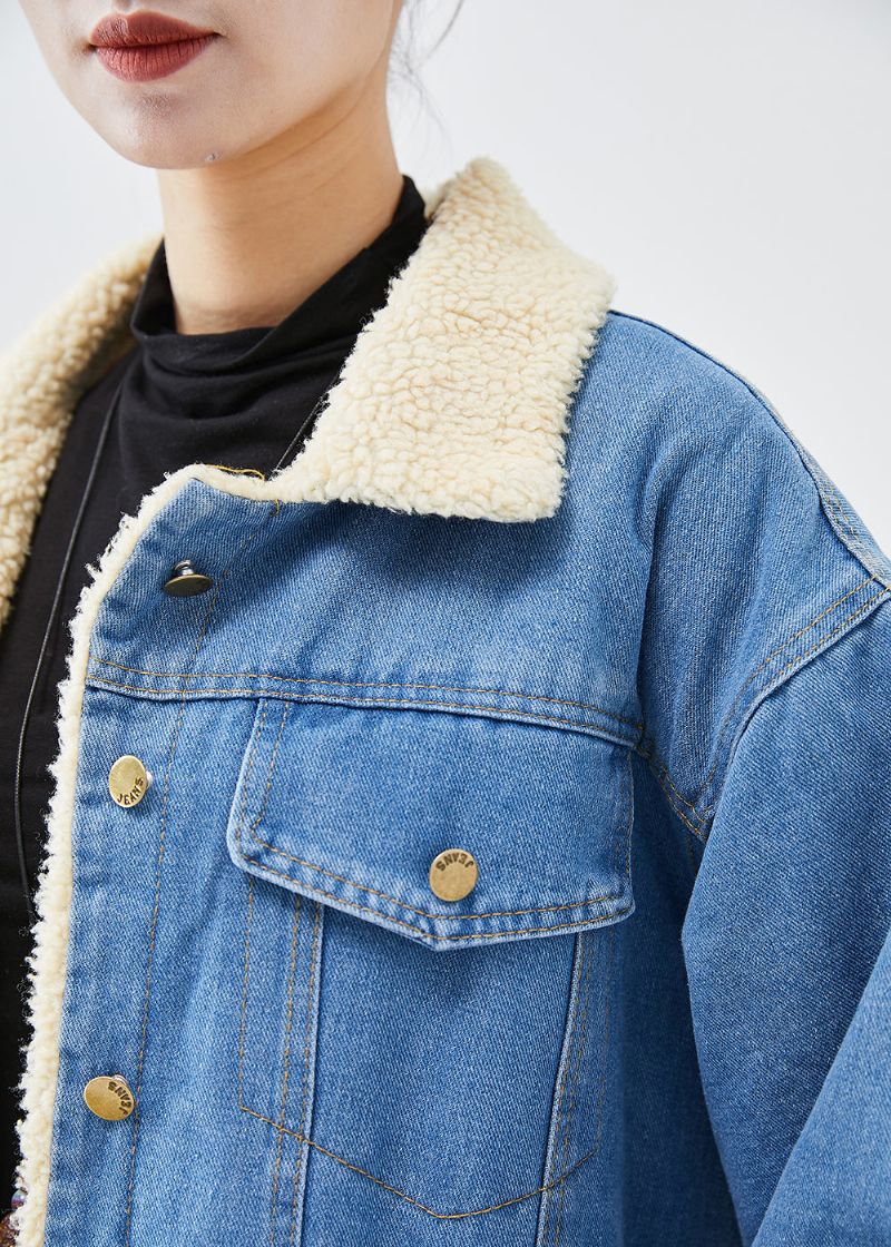 Boheemse Blauwe Oversized Dikke Fleecewol Gevoerde Denim Trenchcoats Winter - Dames trenchcoats