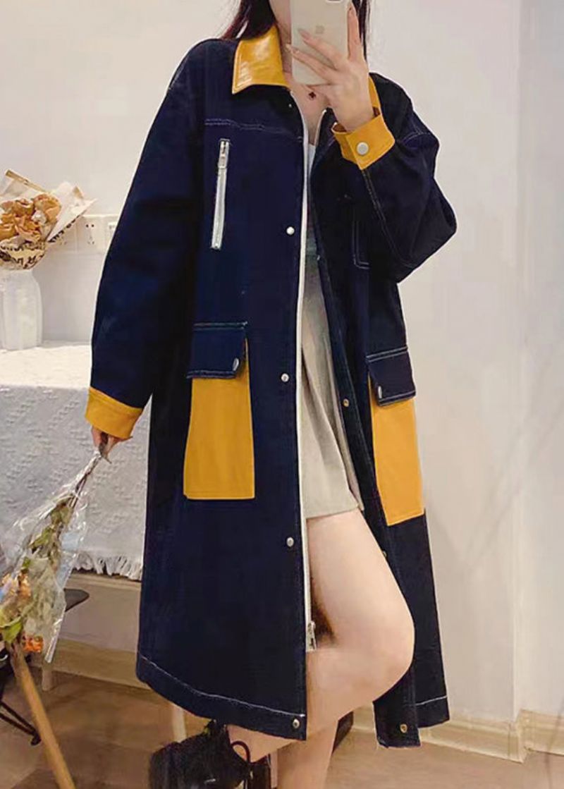 Boheemse Denim Blauwe Peter Pan Kraag Patchwork Ritssluiting Knop Linnen Lange Trenchcoats Herfst