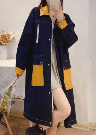 Boheemse Denim Blauwe Peter Pan Kraag Patchwork Ritssluiting Knop Linnen Lange Trenchcoats Herfst