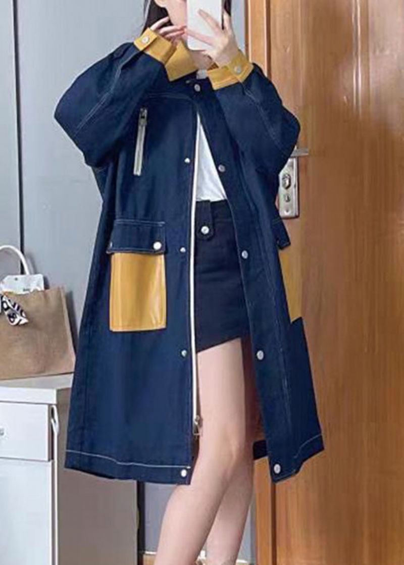 Boheemse Denim Blauwe Peter Pan Kraag Patchwork Ritssluiting Knop Linnen Lange Trenchcoats Herfst - Dames trenchcoats