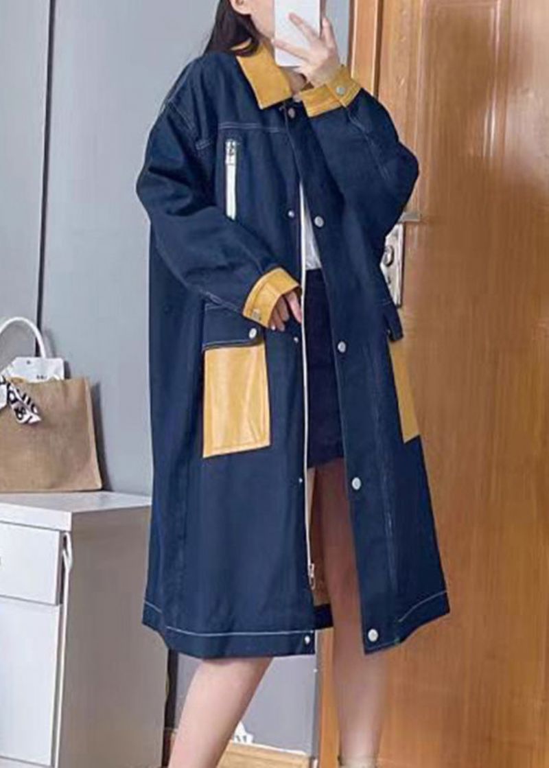 Boheemse Denim Blauwe Peter Pan Kraag Patchwork Ritssluiting Knop Linnen Lange Trenchcoats Herfst - Dames trenchcoats