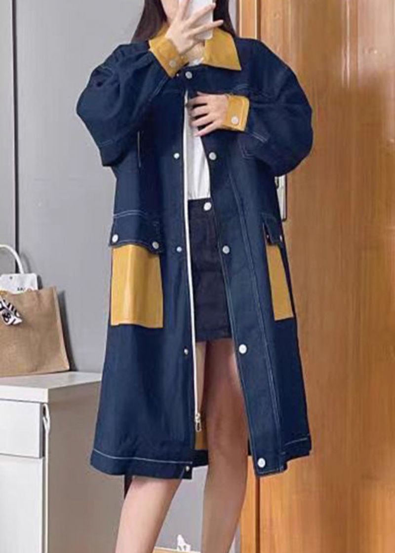 Boheemse Denim Blauwe Peter Pan Kraag Patchwork Ritssluiting Knop Linnen Lange Trenchcoats Herfst - Dames trenchcoats