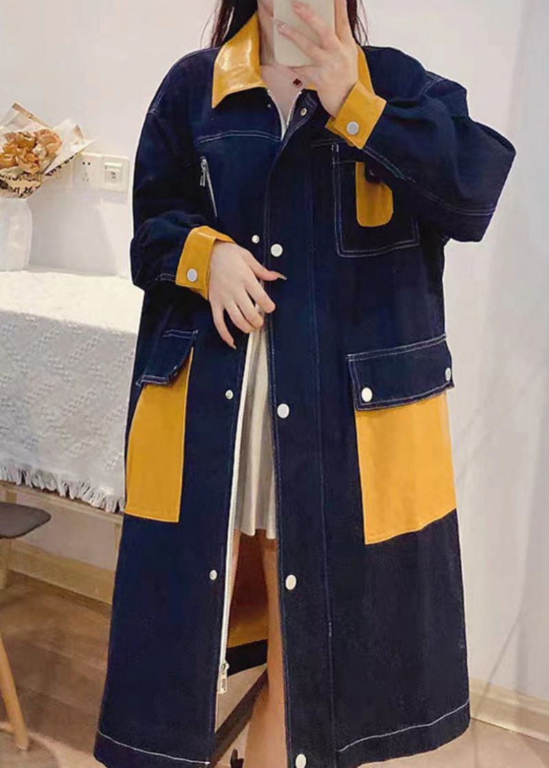 Boheemse Denim Blauwe Peter Pan Kraag Patchwork Ritssluiting Knop Linnen Lange Trenchcoats Herfst - Dames trenchcoats