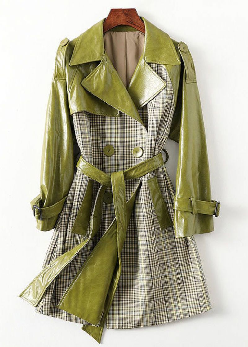 Boheemse Groene Peter Pan Kraag Gestreept Patchwork Stropdas Taille Knoopzakken Lederen Trenchcoats Lange Mouw