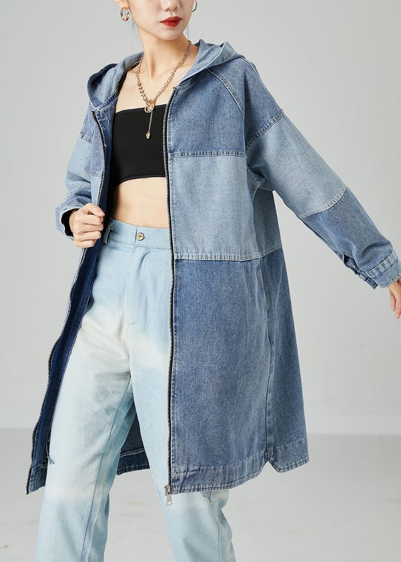 Boheemse Lichtblauwe Oversized Patchwork Katoenen Denimjas Lente - Dames trenchcoats