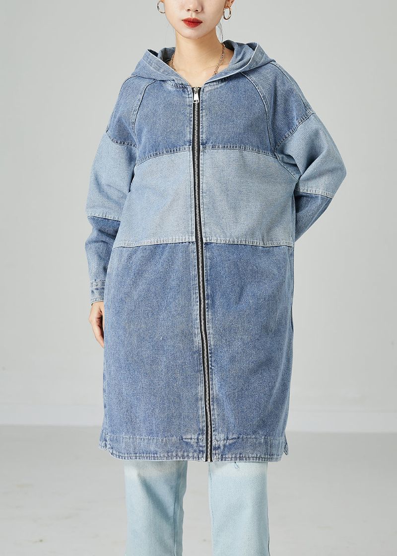 Boheemse Lichtblauwe Oversized Patchwork Katoenen Denimjas Lente - Dames trenchcoats