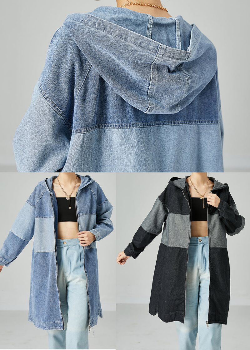 Boheemse Lichtblauwe Oversized Patchwork Katoenen Denimjas Lente - Dames trenchcoats