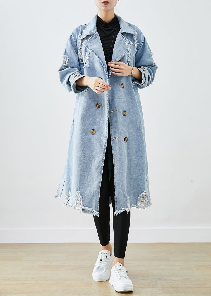 Boheemse Lichtblauwe Revers Dubbele Rij Denim Gescheurde Jassen Herfst - Dames trenchcoats