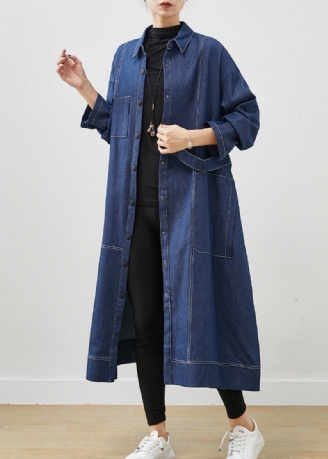 Boheemse Marineblauwe Denimjas Met Oversized Zakken Lente