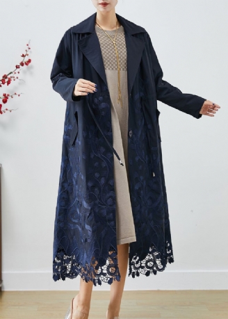 Boheemse Marineblauwe Geborduurde Stropdastaille Spandex Trenchcoats Herfst