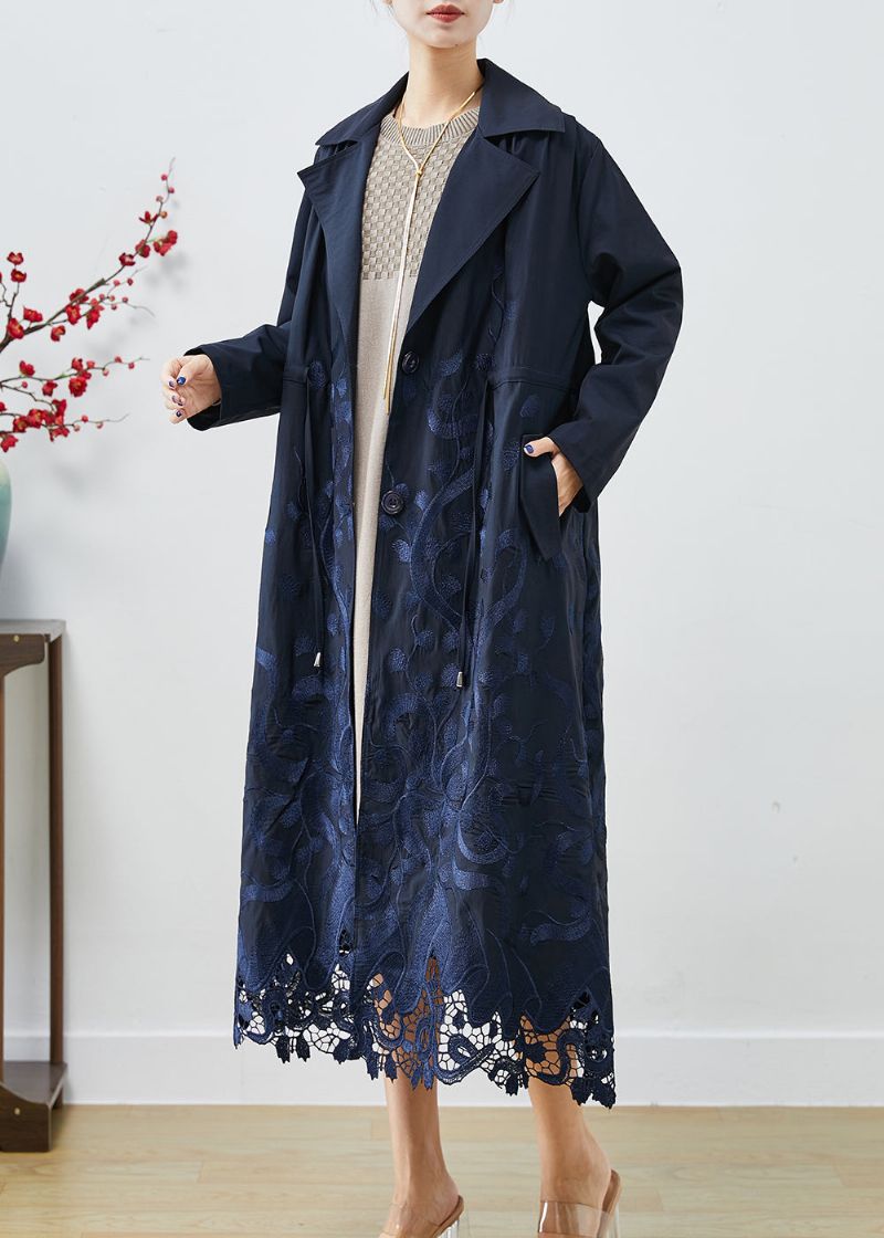 Boheemse Marineblauwe Geborduurde Stropdastaille Spandex Trenchcoats Herfst - Dames trenchcoats