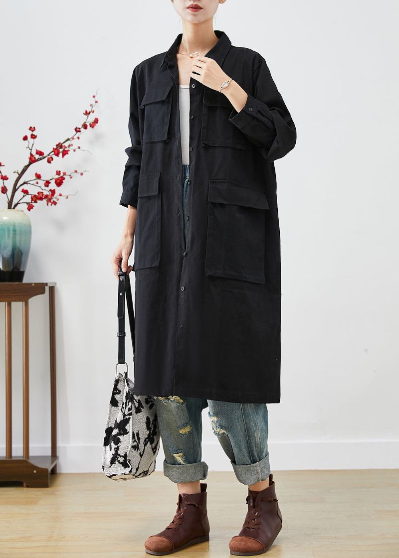 Boheemse Zwarte Oversized Zakken Katoenen Trenchcoat Herfst