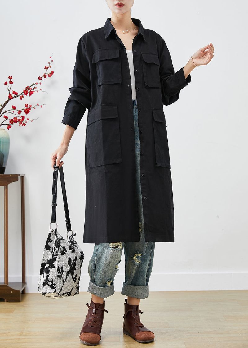 Boheemse Zwarte Oversized Zakken Katoenen Trenchcoat Herfst - Dames trenchcoats