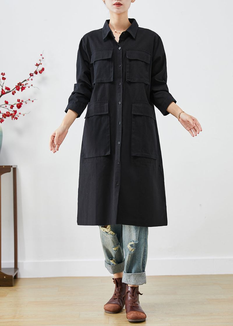 Boheemse Zwarte Oversized Zakken Katoenen Trenchcoat Herfst - Dames trenchcoats