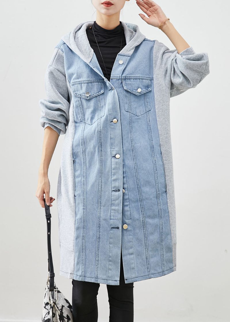 Boho Blauw Denim Met Capuchon En Patchwork Katoenen Trenchcoat Herfst