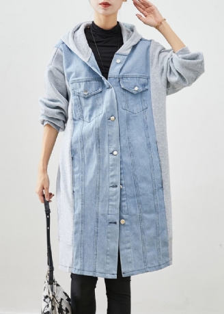 Boho Blauw Denim Met Capuchon En Patchwork Katoenen Trenchcoat Herfst