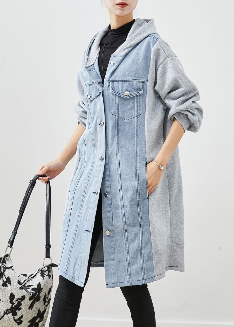 Boho Blauw Denim Met Capuchon En Patchwork Katoenen Trenchcoat Herfst - Dames trenchcoats