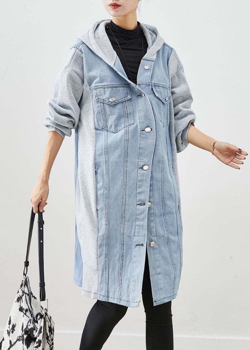 Boho Blauw Denim Met Capuchon En Patchwork Katoenen Trenchcoat Herfst - Dames trenchcoats