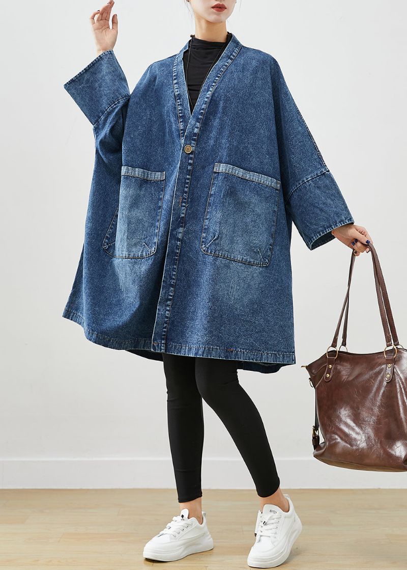 Boho Blauwe Oversized Zakken Denim Trenchcoats Vleermuismouw