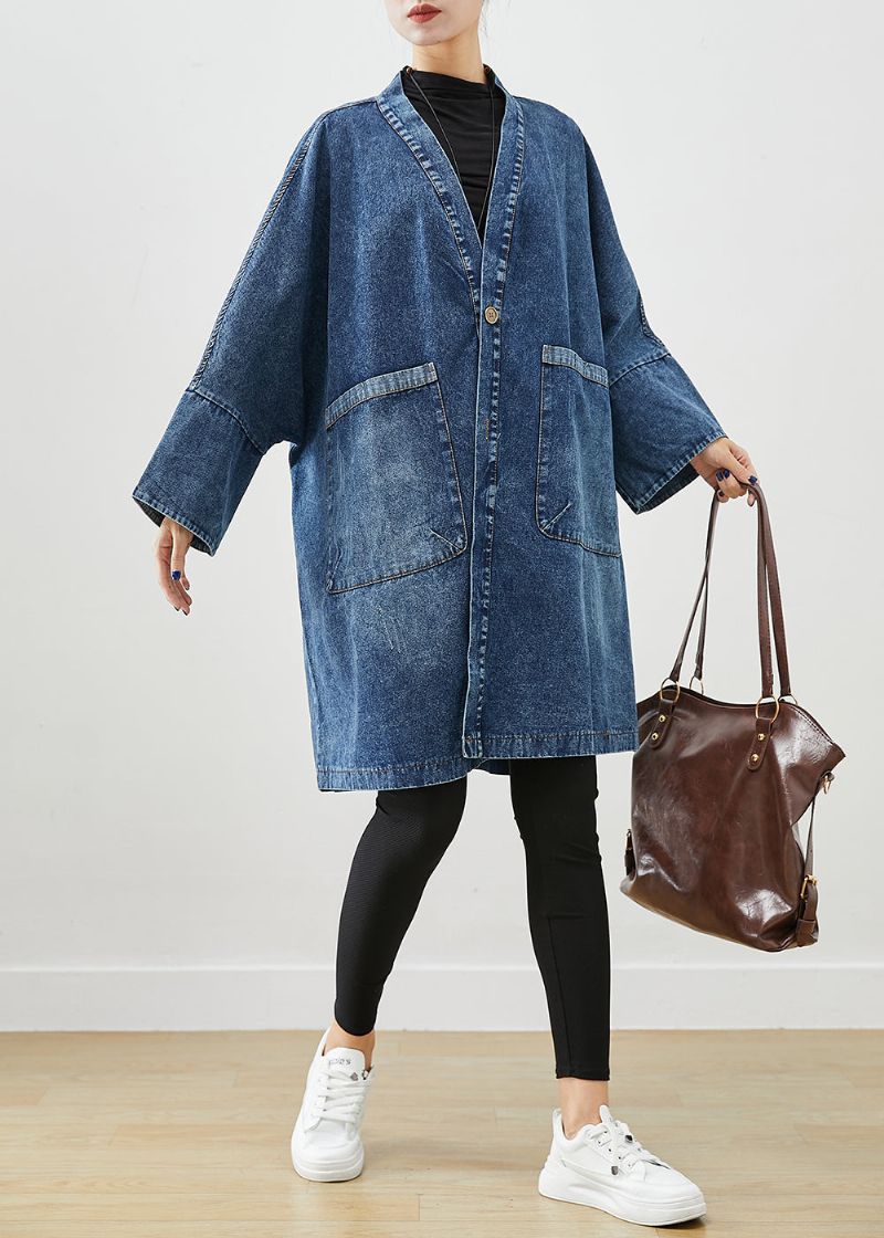 Boho Blauwe Oversized Zakken Denim Trenchcoats Vleermuismouw - Dames trenchcoats