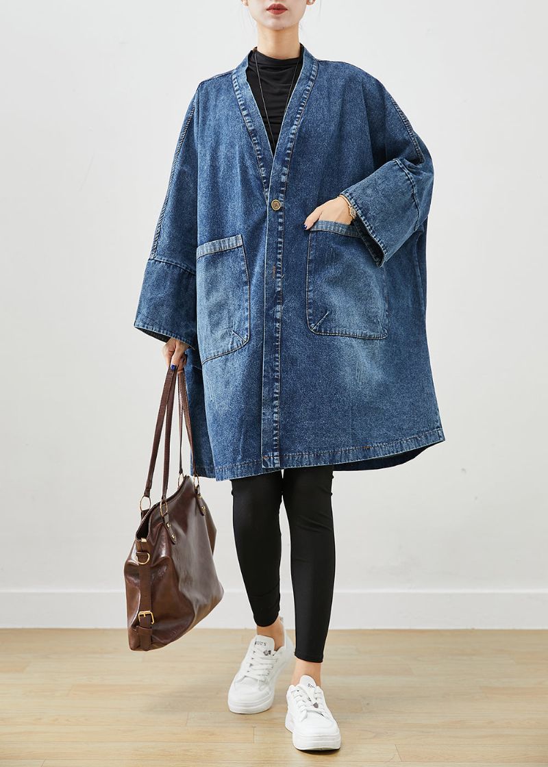 Boho Blauwe Oversized Zakken Denim Trenchcoats Vleermuismouw - Dames trenchcoats