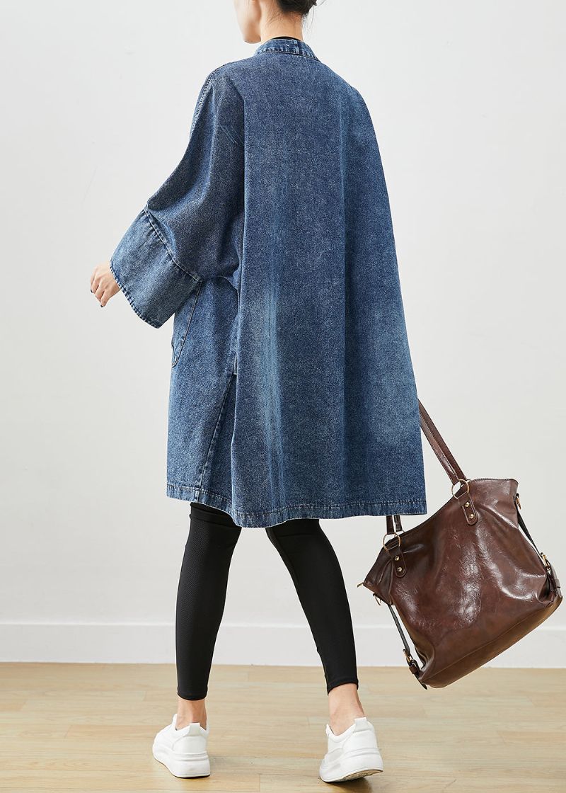 Boho Blauwe Oversized Zakken Denim Trenchcoats Vleermuismouw - Dames trenchcoats