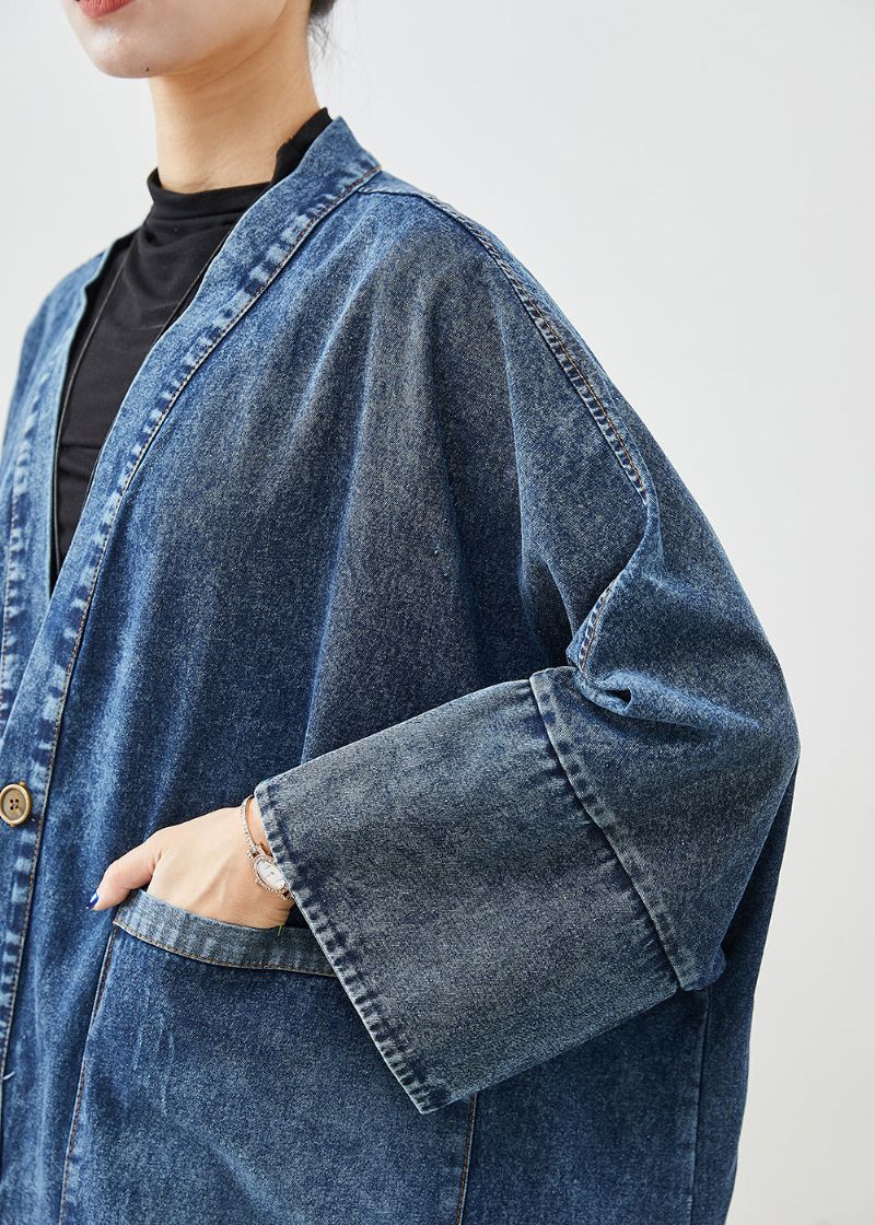 Boho Blauwe Oversized Zakken Denim Trenchcoats Vleermuismouw - Dames trenchcoats