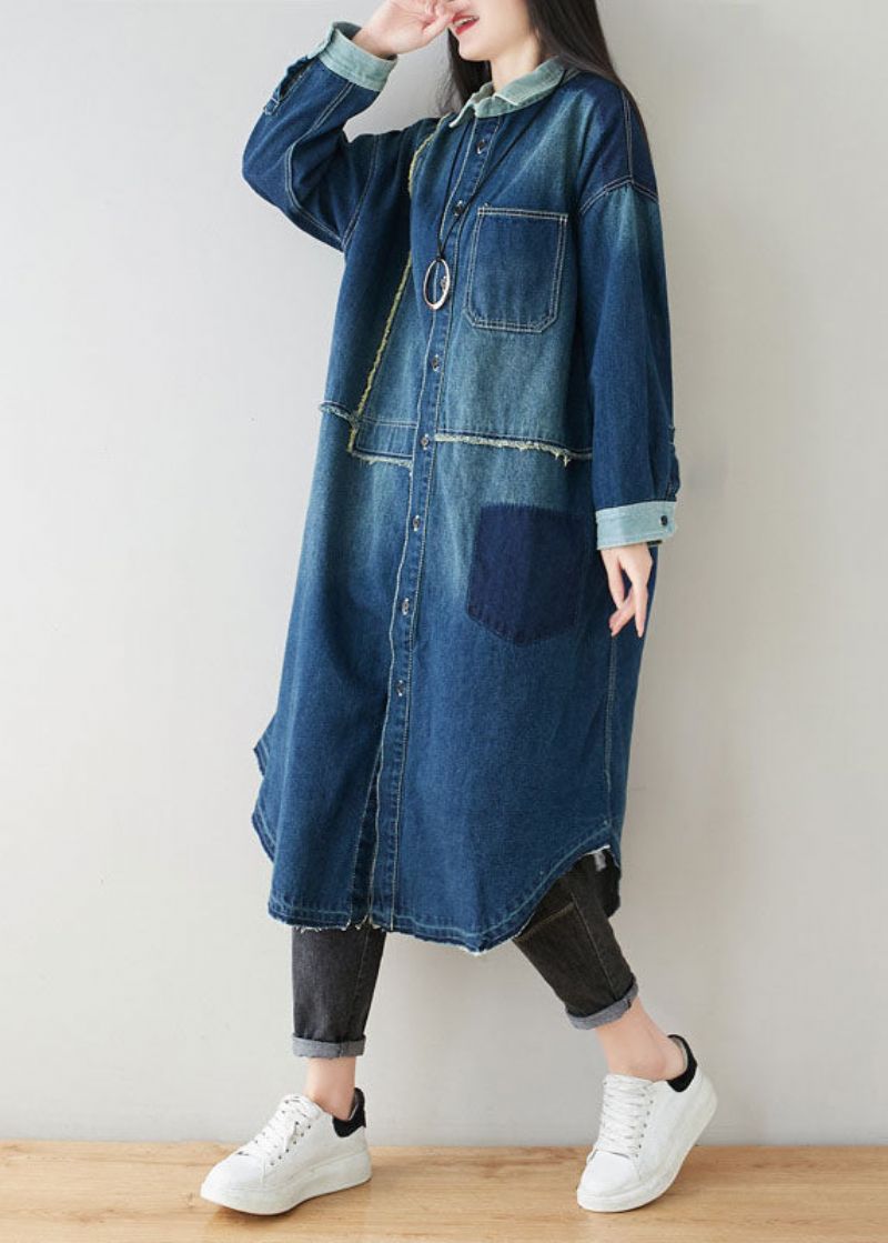 Boho Denim Blauwe Peter Pan Kraag Patchwork Oversized Katoenen Trenchcoat Lente