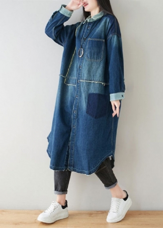 Boho Denim Blauwe Peter Pan Kraag Patchwork Oversized Katoenen Trenchcoat Lente