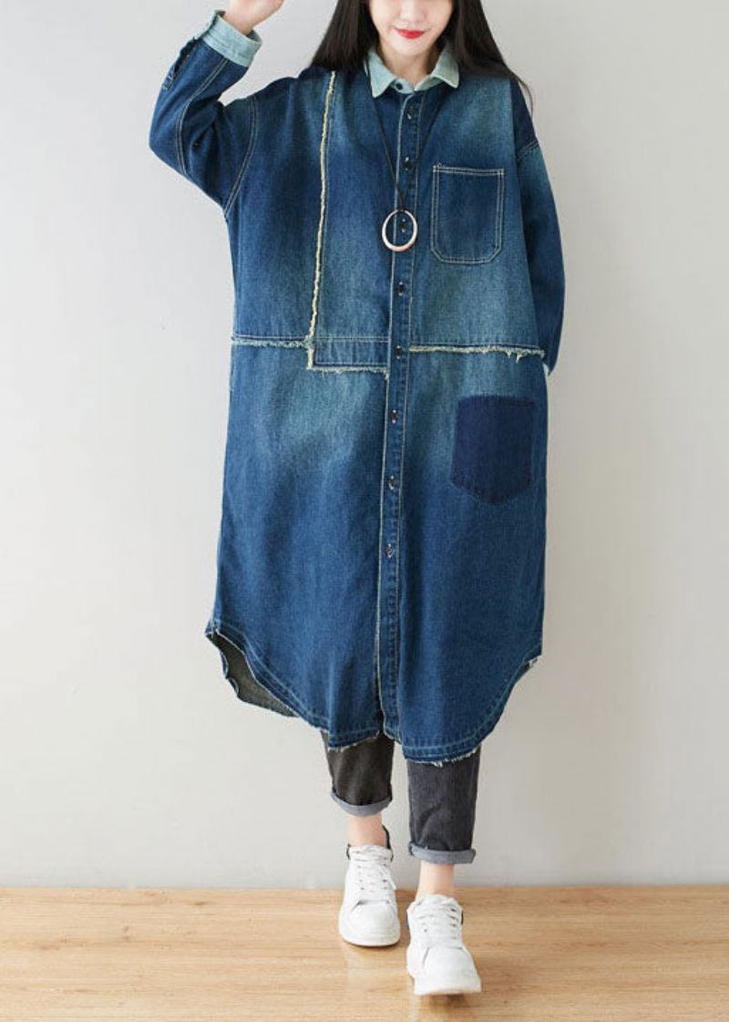 Boho Denim Blauwe Peter Pan Kraag Patchwork Oversized Katoenen Trenchcoat Lente - Dames trenchcoats