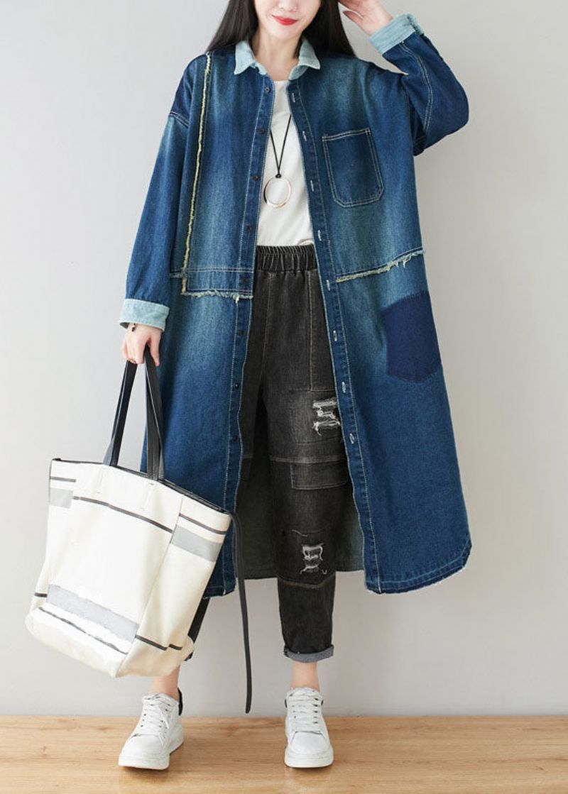 Boho Denim Blauwe Peter Pan Kraag Patchwork Oversized Katoenen Trenchcoat Lente - Dames trenchcoats