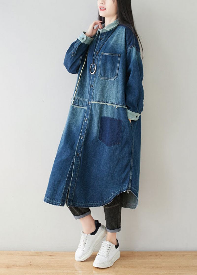 Boho Denim Blauwe Peter Pan Kraag Patchwork Oversized Katoenen Trenchcoat Lente - Dames trenchcoats