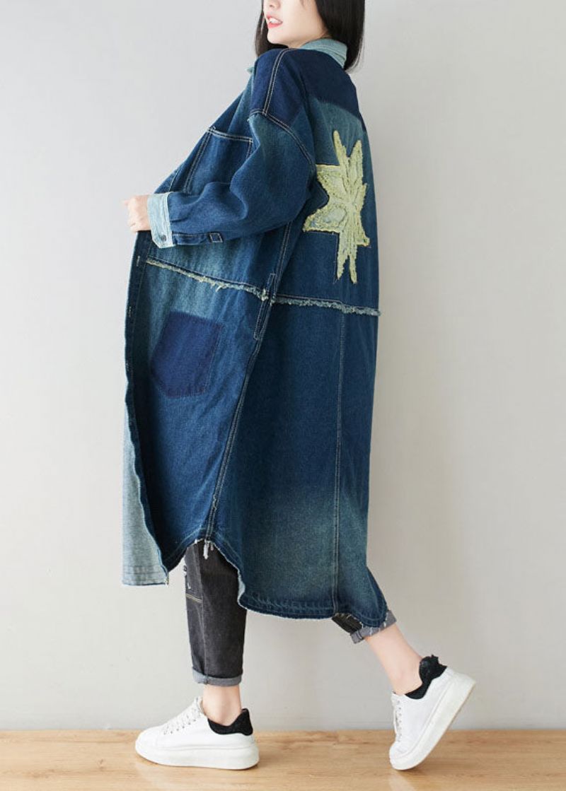 Boho Denim Blauwe Peter Pan Kraag Patchwork Oversized Katoenen Trenchcoat Lente - Dames trenchcoats