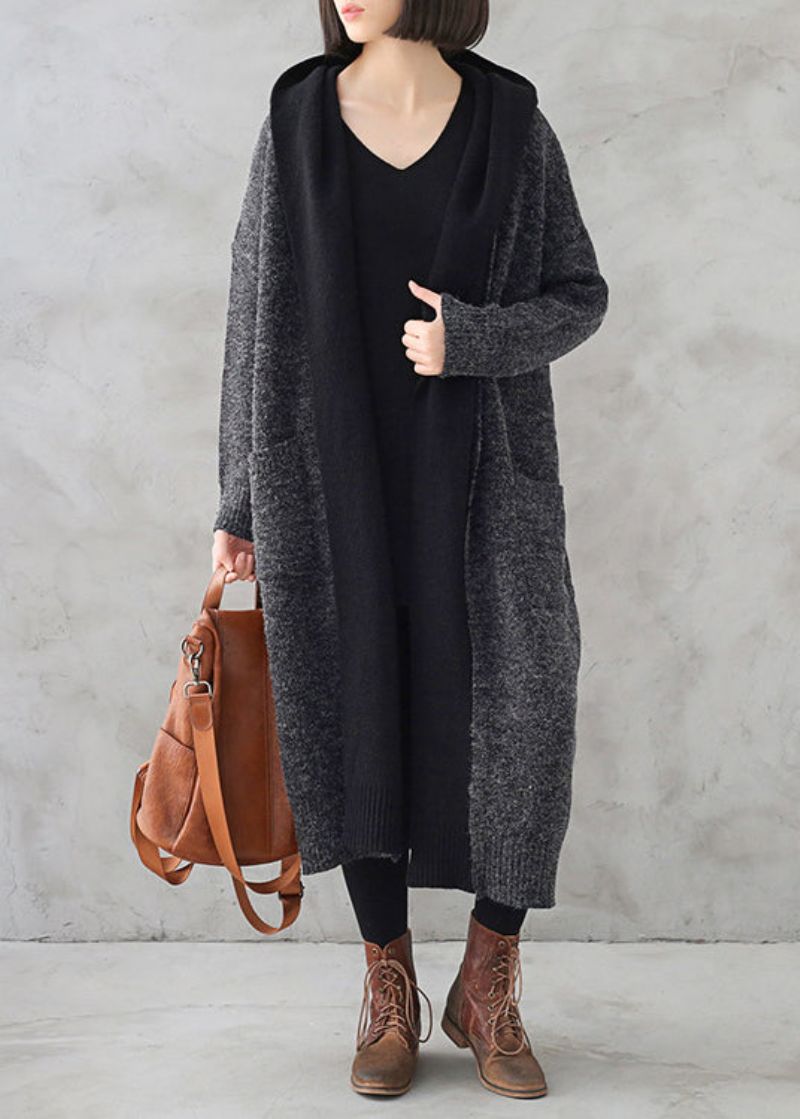 Boho Donkergrijze Wollen Patchwork Gebreide Maxi-trenchcoats Met Capuchon Herfst - Dames trenchcoats