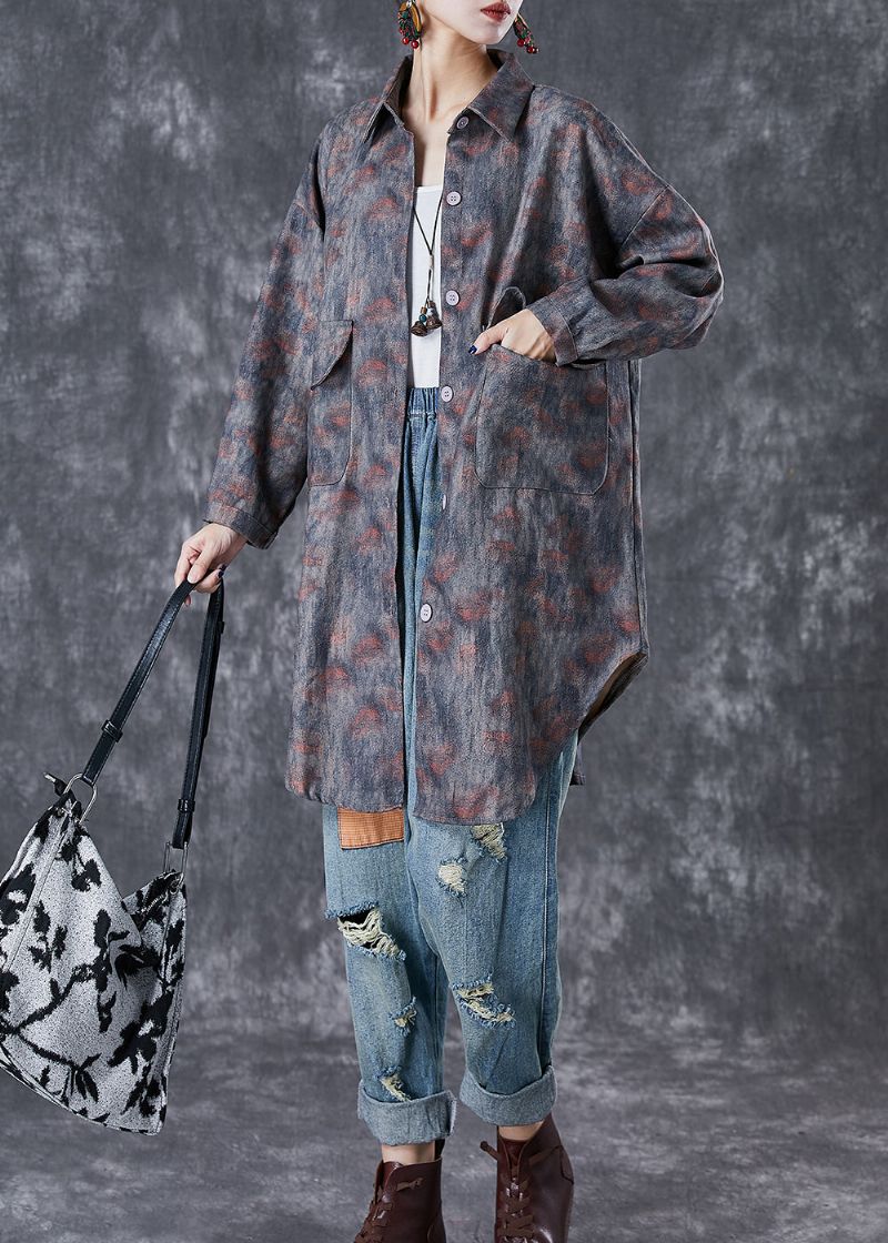 Boho Grijze Oversized Tie-dye Zakken Katoenen Jassen Herfst - Dames trenchcoats