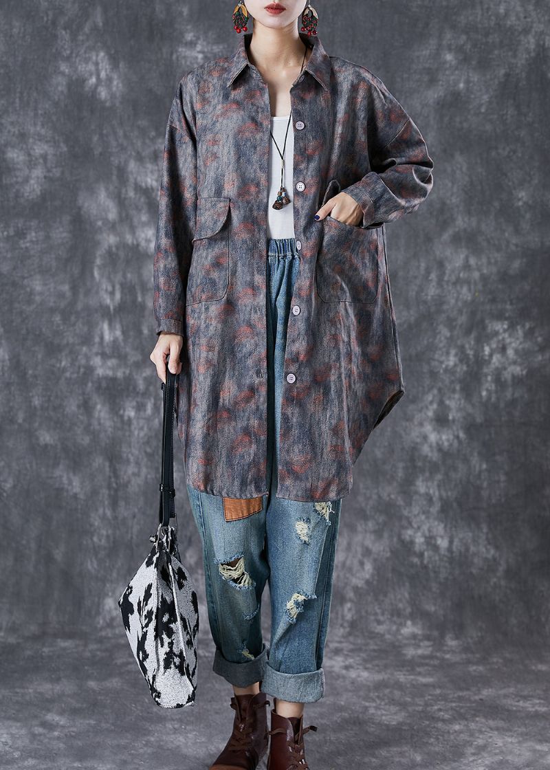 Boho Grijze Oversized Tie-dye Zakken Katoenen Jassen Herfst - Dames trenchcoats