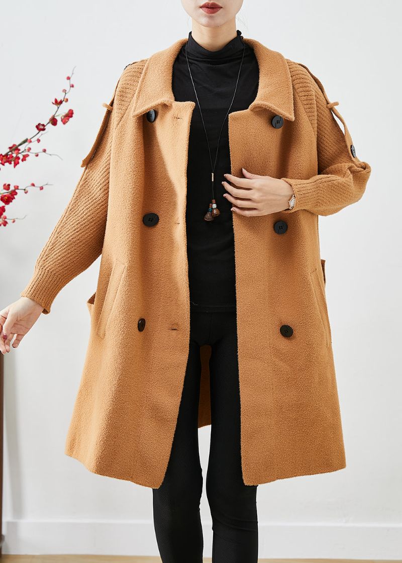 Boho Licht Camel Dubbele Borst Patchwork Gebreide Wollen Trenchcoats Herfst - Dames trenchcoats