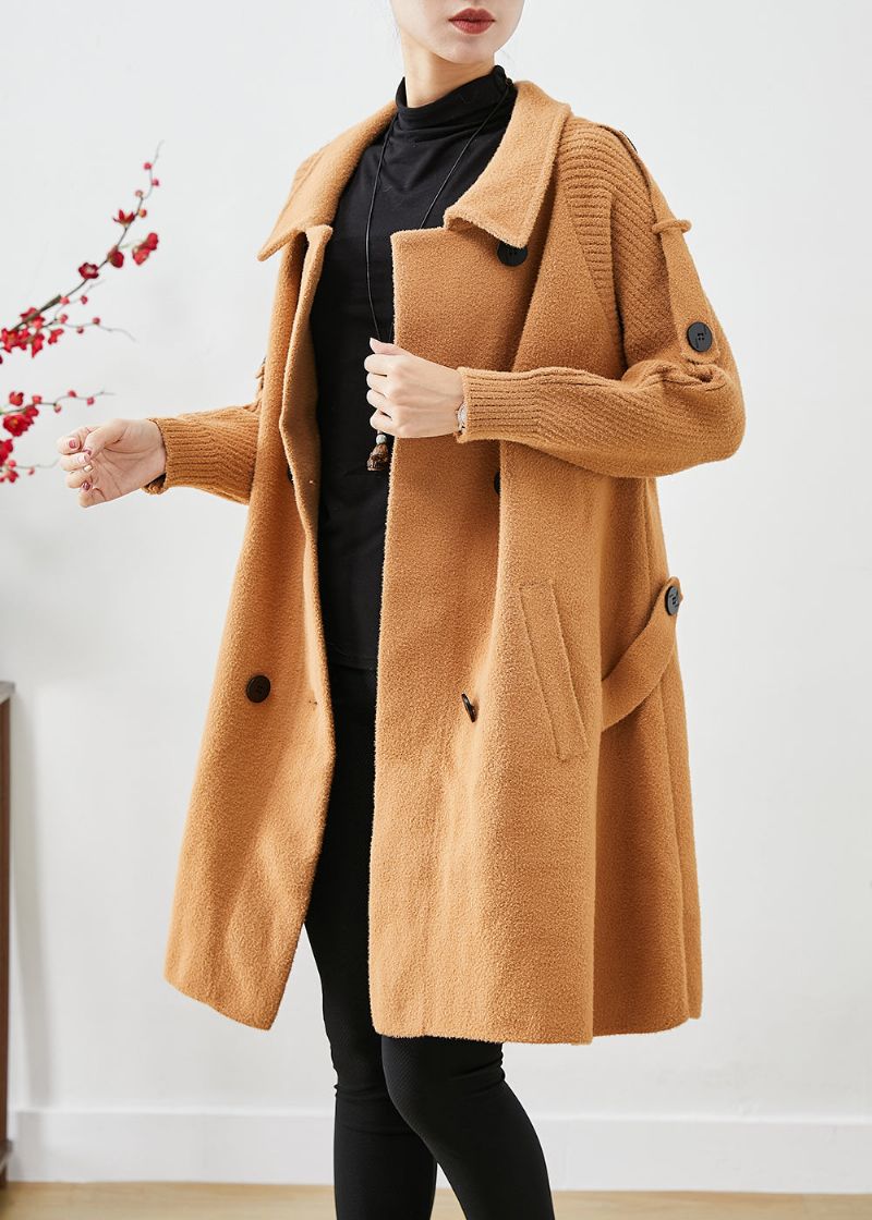 Boho Licht Camel Dubbele Borst Patchwork Gebreide Wollen Trenchcoats Herfst - Dames trenchcoats