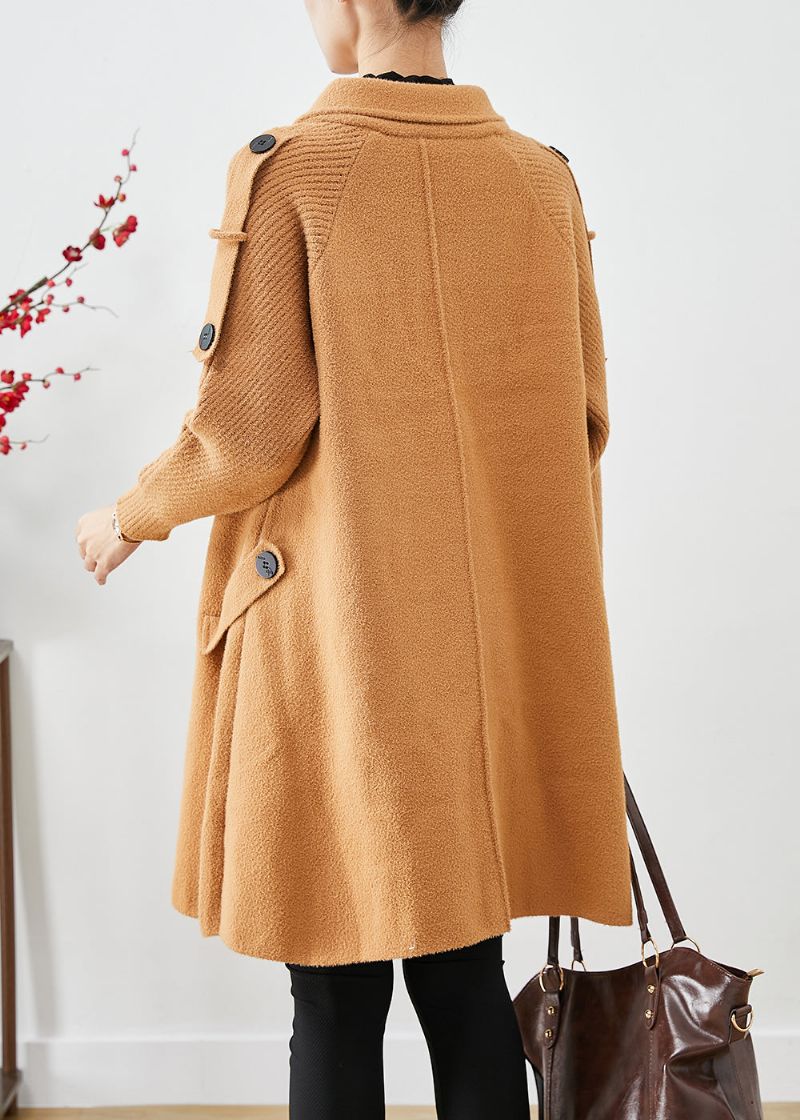 Boho Licht Camel Dubbele Borst Patchwork Gebreide Wollen Trenchcoats Herfst - Dames trenchcoats