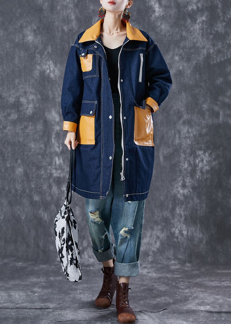 Boho Navy Oversized Patchwork Zakken Denim Jas Uitloper Herfst