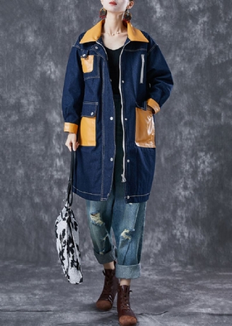 Boho Navy Oversized Patchwork Zakken Denim Jas Uitloper Herfst