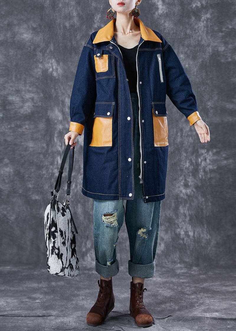 Boho Navy Oversized Patchwork Zakken Denim Jas Uitloper Herfst - Dames trenchcoats