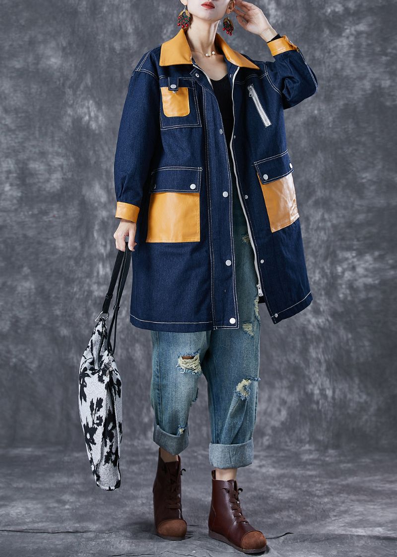 Boho Navy Oversized Patchwork Zakken Denim Jas Uitloper Herfst - Dames trenchcoats