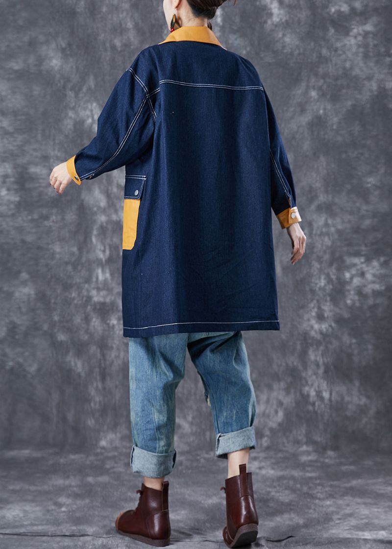 Boho Navy Oversized Patchwork Zakken Denim Jas Uitloper Herfst - Dames trenchcoats