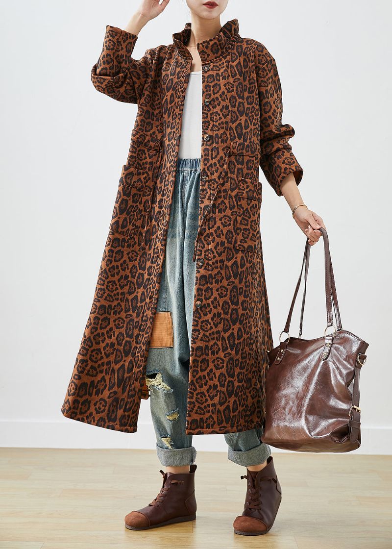 Boho Oversized Katoenen Trenchcoats Met Luipaardprint Herfst