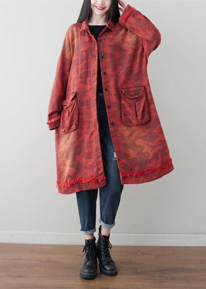 Boho Rood Oversized Patchwork Zakken Katoenen Trenchcoat Lente